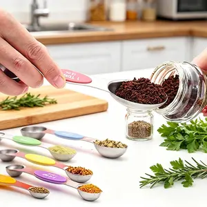 8 sets of magnetic double-sided measuring spoons, made of food grade stainless steel, with engraved measurement and a stackable design with a level, perfect for baking, cooking, coffee and spices, and kitchen gadgets