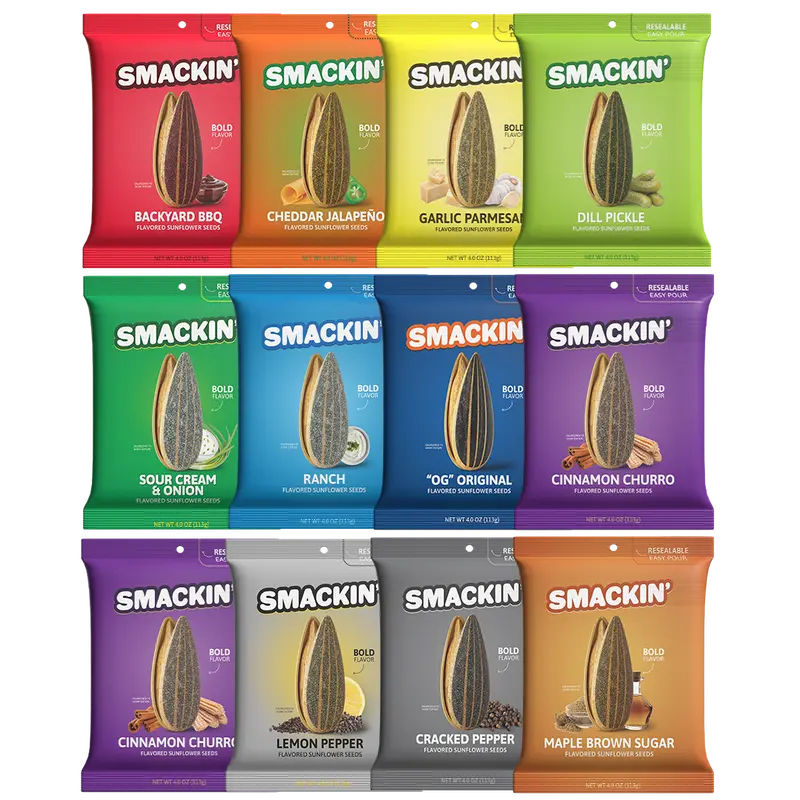 SMACKIN' Sunflower Seed Variety Pack - 12 Resealable 4 OZ Bags - 11 Flavors, Bold Flavor, No Salty Burn