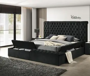 Luxurious 1pc Glam Tufted Headboard Upholstered Contemporary Queen Bed Multiple Storage Compartments Wooden Bedroom Furniture Black