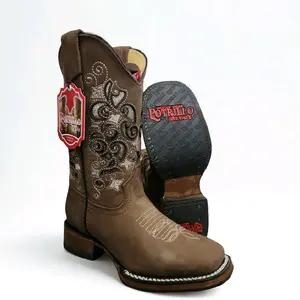 Women Brown Western Cowgirl Boot Flowers Embroidery/ Bota Vaquera