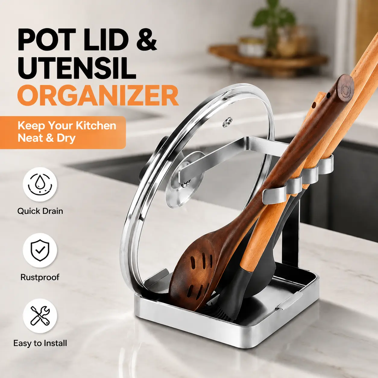 SOLEADER Food-Grade Stainless Steel Vertical Spoon Rack & Lid Stand, Stove Top Kitchen Organizer with Drip Tray & Handle, Modern Utensil Pot Lid Holder