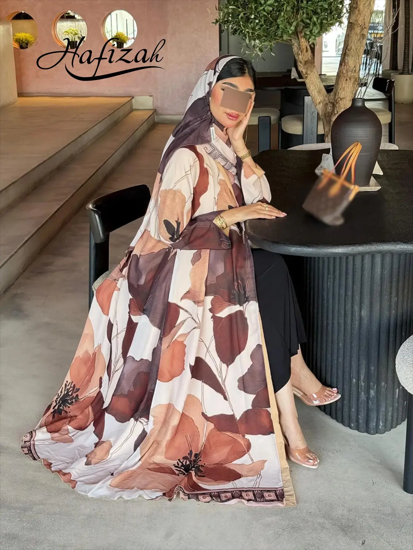 Hafizah Women's Islamic Clothing Modesty Clothes Vintage Print Robe Cardigan, Loose-Fitting Plus Size Long Coat, Outerwear Set with Headscarf, All Seasons