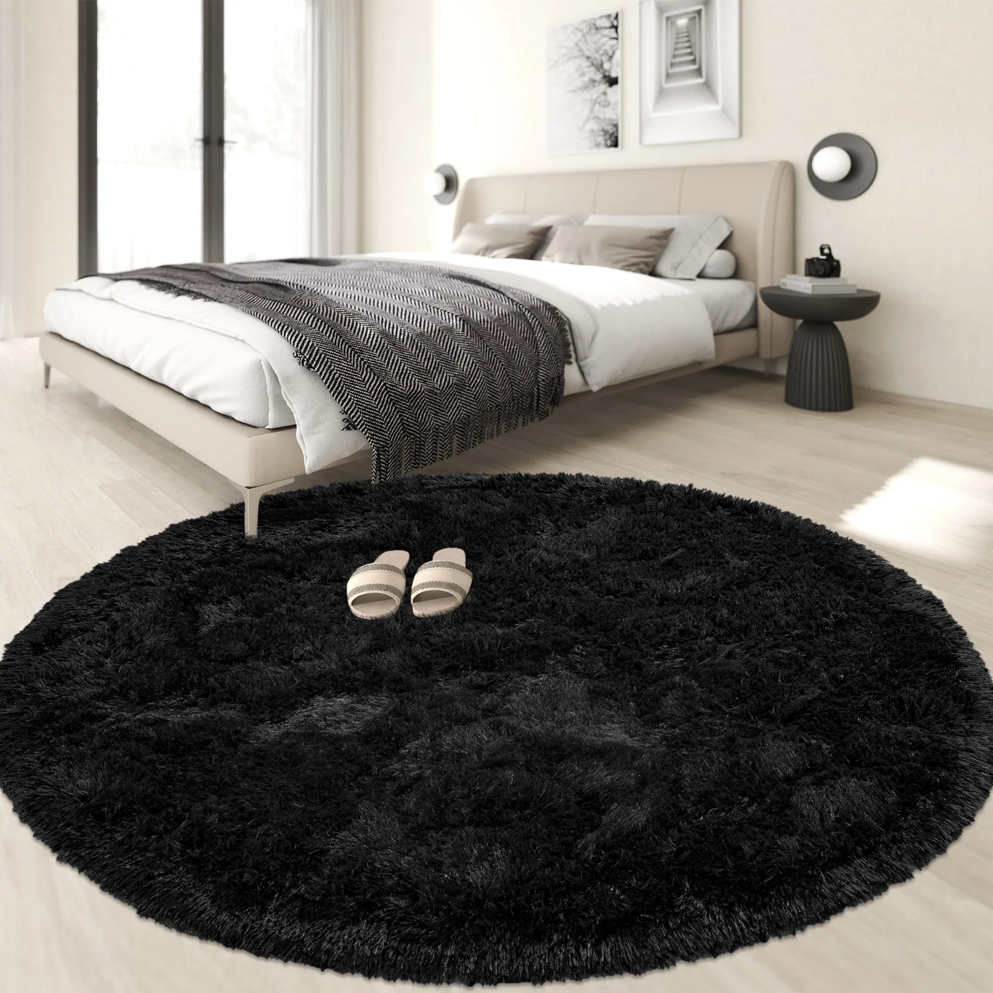 Black Round Rug 3FT 4Ft 5FT 6FT 7FT for Bedroom, Fluffy Shag Circle Area Rugs for Kids Room Decor Aesthetic, Fuzzy Plush Fur Carpets for Living Room Nursery Dorm Classroom, Black Carpet, Rugs for Teen Boys backtoschool