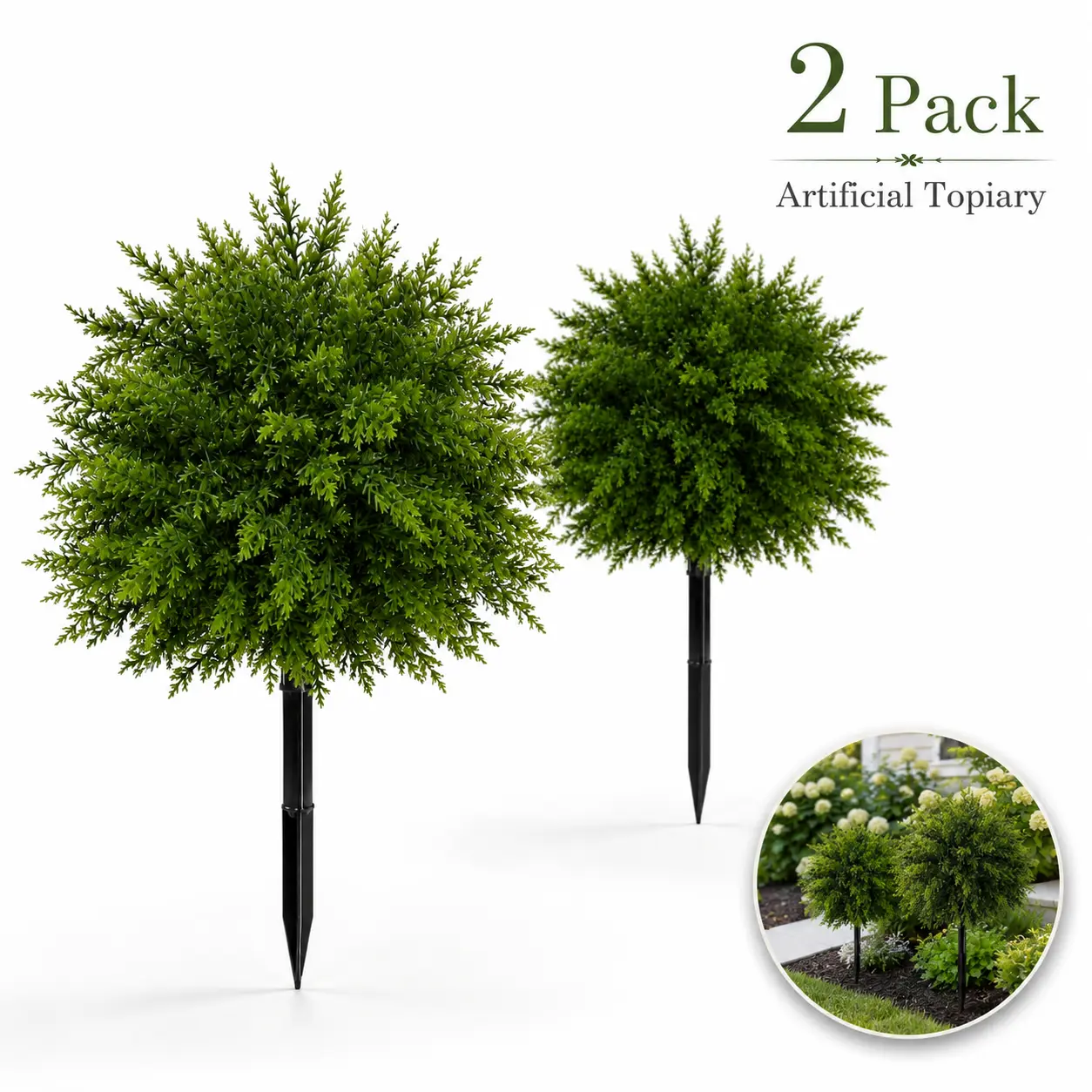2 Pack Artificial Boxwood Topiary Balls with Ground Stakes, UV-Resistant Faux Greenery Shrubs for Outdoor Patio, Front Porch, Garden & Entryway Decor