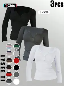 3pcs Autumn And Winter Women'S Casual Fashion Sporty Tee Set, With Multi Button Design, Solid Color Round Neck Long Sleeved Top