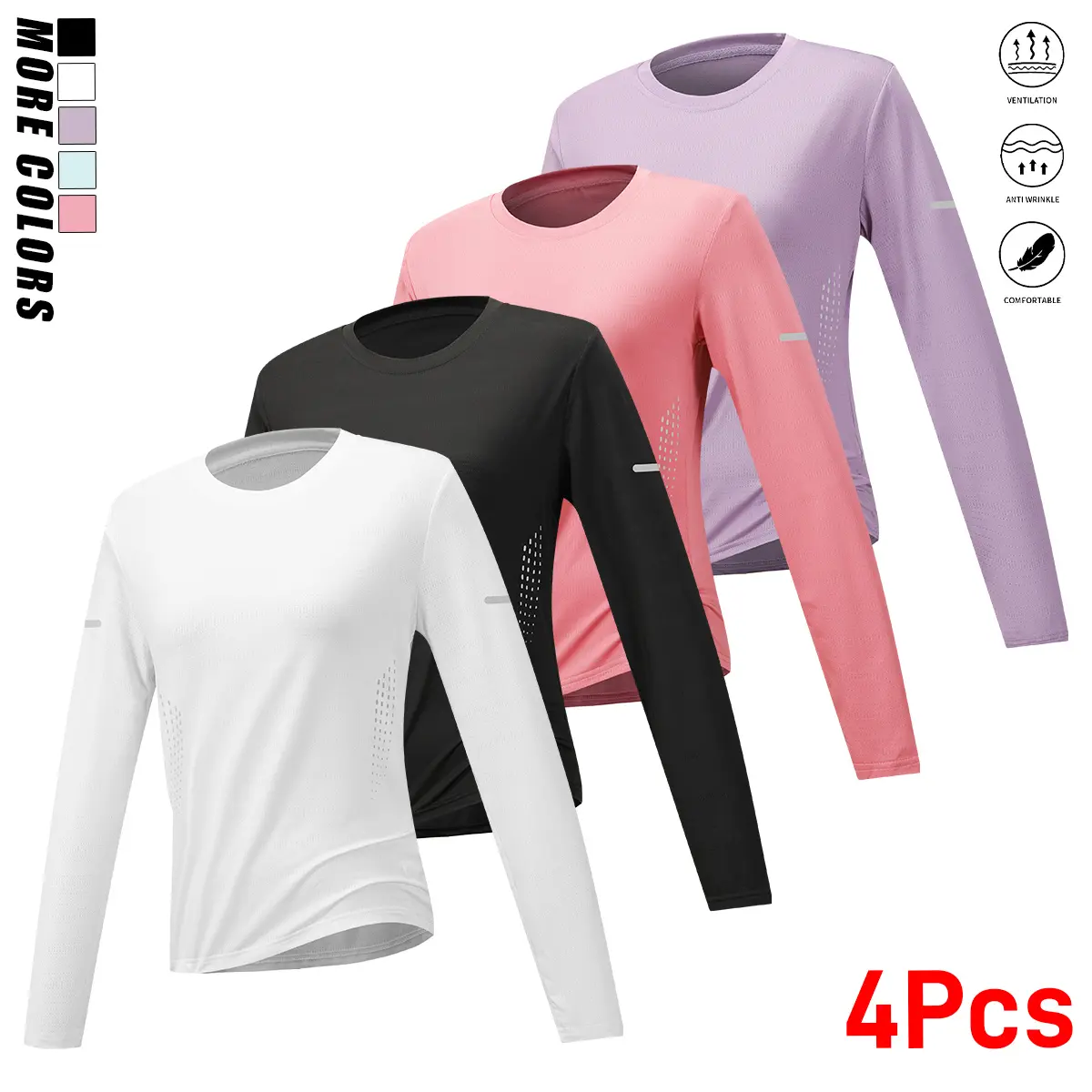 Women's Athletic Crew Neck Plain Long Sleeve Polyester Blouses (Pack of 4) - Solid Color, Reflective Stripes, Quick-Drying, Breathable, Lightweight, Comfortable, Normal Type, Polyester Clothes - Suitable for Running, Fitness, All Seasons Casual Wear, Wome