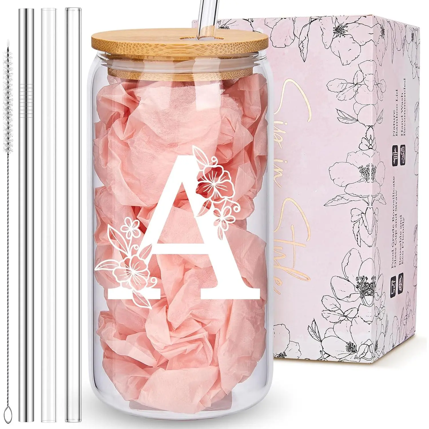 Personalized Tumbler, Monogrammed Can Glass Cups with   and Straws, Customized Gifts for Women, Cute Design Initial Iced Coffee glasses, Custom Letter Mug, Birthday Bridesmaid, A