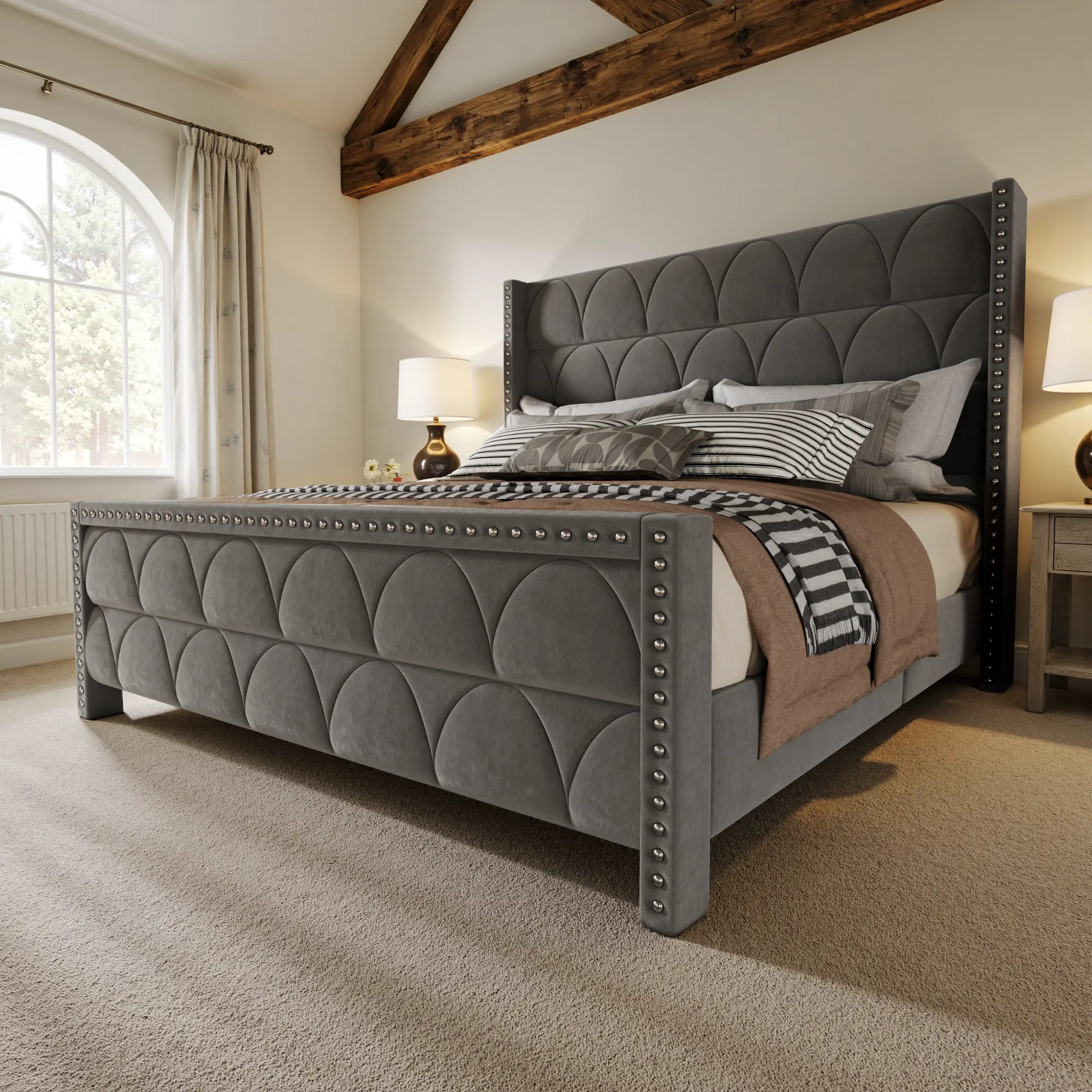 Queen Size Upholstered Bed Frame with 56" Tall Wingback Headboard – Velvet Platform Bed, Heavy Duty Wood Slats, 900 LBS Support, Noise-Free, No Box Spring Needed Interior queen bed
