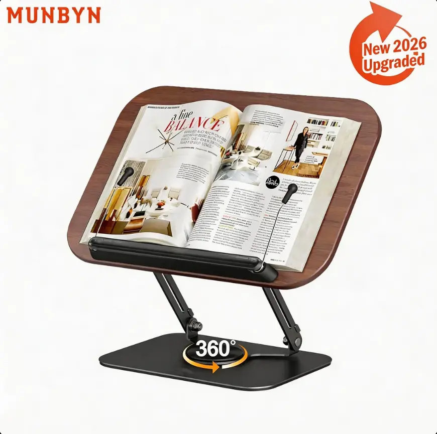 MUNBYN Adjustable Book Stand - 360° Rotating Base, Height & Angle Adjustable, Foldable Portable Lightweight Desk Accessory, Work Accessory for Office, Kitchen Use with Textbook, Recipe, Kindle, Tablet, Work Accessories
