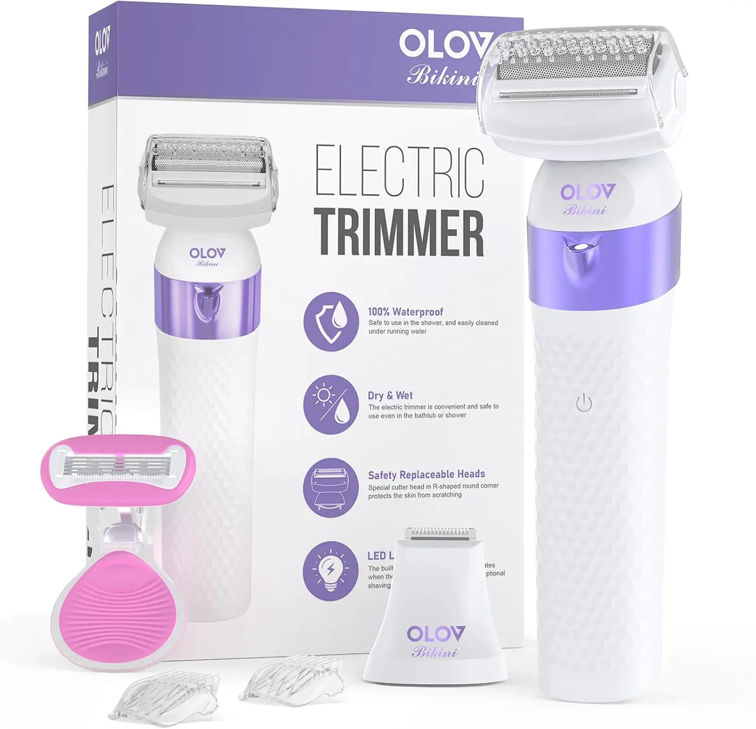 OLOV Bikini Trimmer and Electric Shaver for Women, Lightweight Body Groomer for Smoothing Hair Removal, Cordless & Rechargeable with LED Light