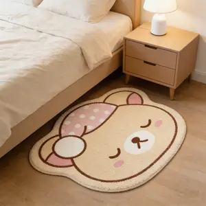 Korean Style Irregular Shaped Cute Bear Sleep Hat Carpet, and Blue Plush Rug for Living Room and Bedroom, Washable and Easy to Care Home Decor, Soft Washable Rugs