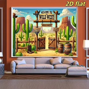 2D Flat 1PC Polyester Banner, Western Cowboy Theme "WELCOME TO THE WILD WEST", Retro Cartoon Style, for Cowboy Themed Party, Western Event Setup, Outdoor Photography, Indoor & Outdoor Use