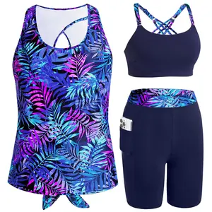 Daci Women Three Piece Tankini Swimsuits - Athletic Swim Tank Top with Bra Bathing Suit with Shorts Modest Swimwear