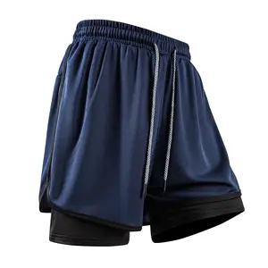 Men’s summer double-layer athletic shorts, 2-in-1 faux two-piece design with anti-exposure lining, drawstring, quick-drying, breathable basketball fitness running training shorts
