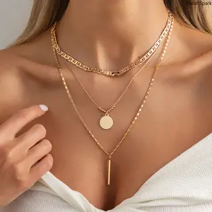 Women's Gold/Silver Plated Layered Stacked Pendant Necklace - Dainty Multilayer Choker Chain with Disc & Bar Pendant, Minimalist Sports & Outdoor Accessory Gift for Summervibes