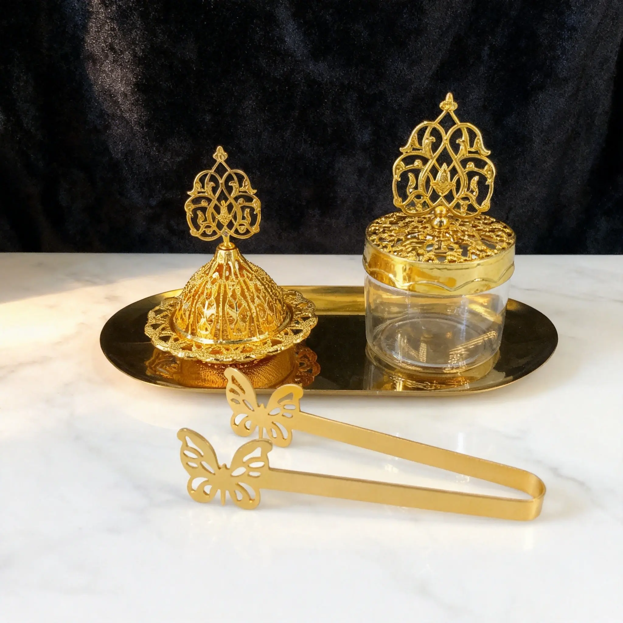 Luxurious Gold Hollow Incense Burner Set, Includes Storage Jar, Tray, Incense Holder, Perfect for Home Fragrance Decor, Wedding Decor, Spa, Bathroom, Office, Scented Fragrance