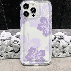 1pc Full Screen Light Purple Flower Pattern Transparent Air Cushion Phone Cas Protective Case Cover  Soft Case iphone17 15 14 13 12 11 pro max x xr xs xsmax 14plus 15plus 16pro 15pro 14promax 13 promax Flower pattern protective case soft shellphone case