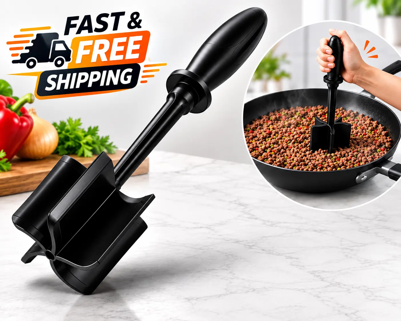 Non-Stick Ground Beef Masher - Kitchen Utensil, Manual Operation Meat Tenderizer for Turkey, Chicken, Tacos, Burgers, Meal Prep Meat & Poultry Tool, Utensils