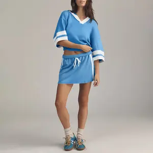 FISOEW Sports  2026 Summer Spring Two-piece Set Women's Sports Set,  V-Neck Half-Sleeve Hooded Sweatshirt Short skirt, Casual Summer Outfits Clothes Set for Ladies, Womenswear, Two Piece Set Women, Going Out 2 Piece Set, Casual Matching Set, Sporty Round