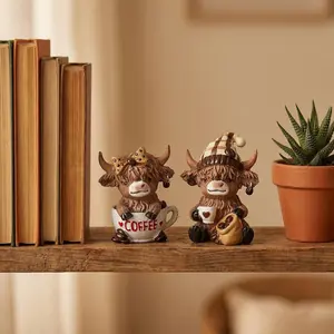Hand-Painted Scottish Highland Cow Statue, Cute Cow Design - Resin Ornament, Home Decor with Plaid Hat & Coffee Mug, Sitting Cow with Coffee Beans, Vintage Scottish Theme Decor for Home, Office, Or Gifts - Cow Lover Gift