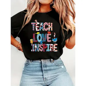 Trendy Women's 180g Black Cotton Crew Neck Short Sleeve Graphic Tee, "Teach Love Inspire" Inspirational Text Print T-Shirt, Comfortable Casual Dr. Seuss Inspired Design Perfect for Teachers & Everyday Style, Soft Breathable Fabric, Unique Gift Idea