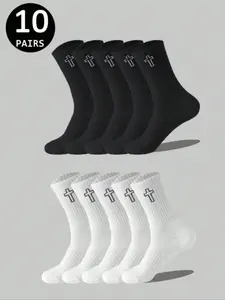 10 Pairs Mixed Color Cross Socks, Casual Sports Versatile Mid-Calf Socks, Sports Athletic Socks, Comfortable and Stylish Footwear for Daily Wear