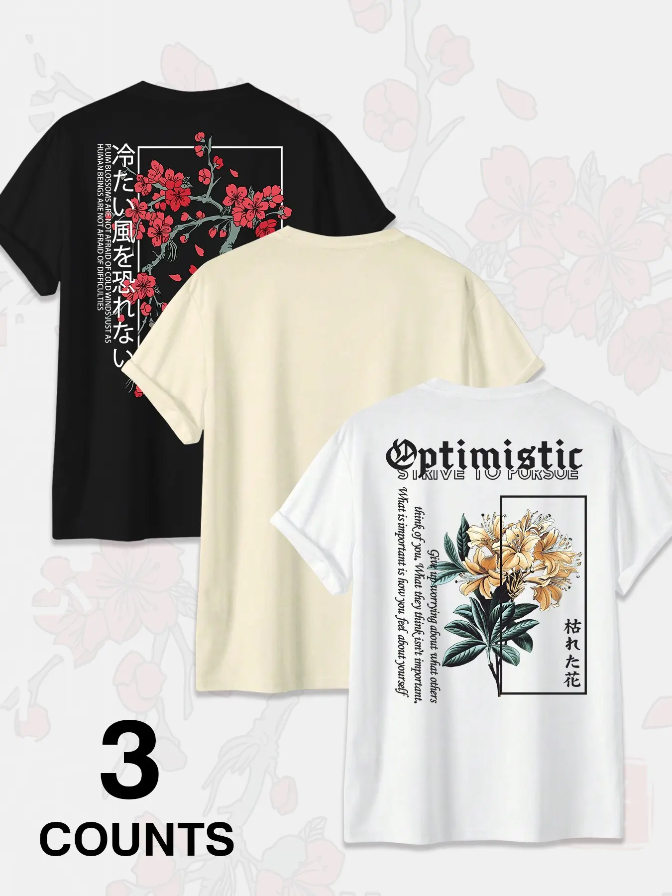 3-Pack Japanese Cherry Blossom & Floral Graphic Round Neck T-Shirts | Aesthetic Streetwear Casual Tees Set