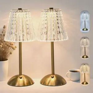 2 Pack Crystal Table Lamp, Rechargeable Battery Lamp with Touch Control, 3 Color Temperatures, Dimmable Brightness, Matte Aluminum Light for Bedroom/Bar/Kitchen/Outdoor, Home Décor