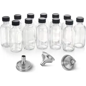 12 Pack, 2 oz Small Clear Glass Bottles w/Lid & 3 Funnels - 60ml Boston Shot Bottles for Health, Immunity, Potion, Wellness, Sample, Ginger, Juice - Mini Personal Care & Beauty Travel Bottle