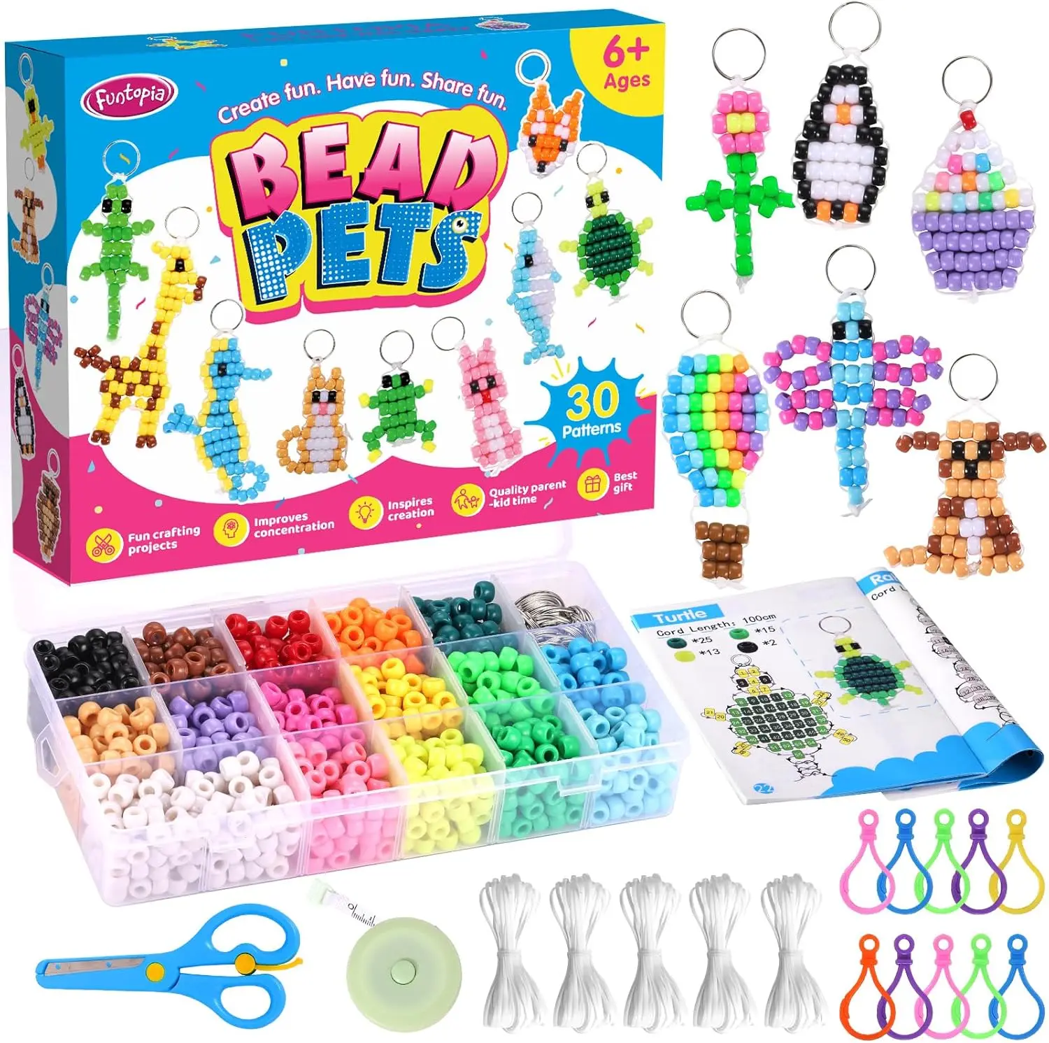 Funtopia Beads for Crafts, Pony Beads Keychain Making Kit, Bead Pets Art Crafts , Birthday Party DIY Craft for Girls Boys (1500 Beads, 30 Designs)