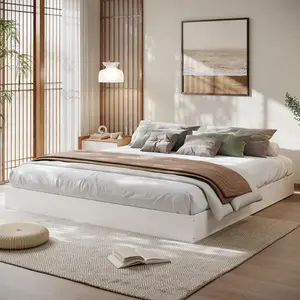 Wood Platform Bed with Sturdy Wooden Slats, Twin Full Queen King Size Floor-Standing Bed Frame, Modern Minimalist Design Bed Frame, No Box Spring Needed, Easy Assembly, White