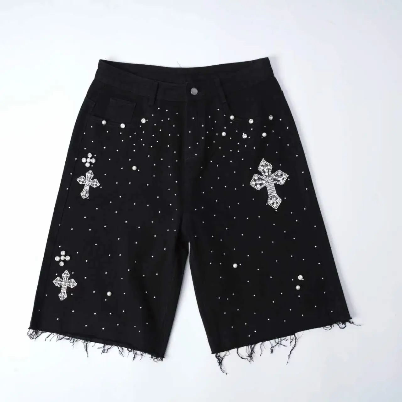 Sopula Studio Men's Hiphop Diamond-Embellished Cotton Denim Jorts - Fitted Cut, Beads, Pockets, Casual Streetwear Black Bottoms, Sporty Chic, Driving/Ootd, Mensfashion, M