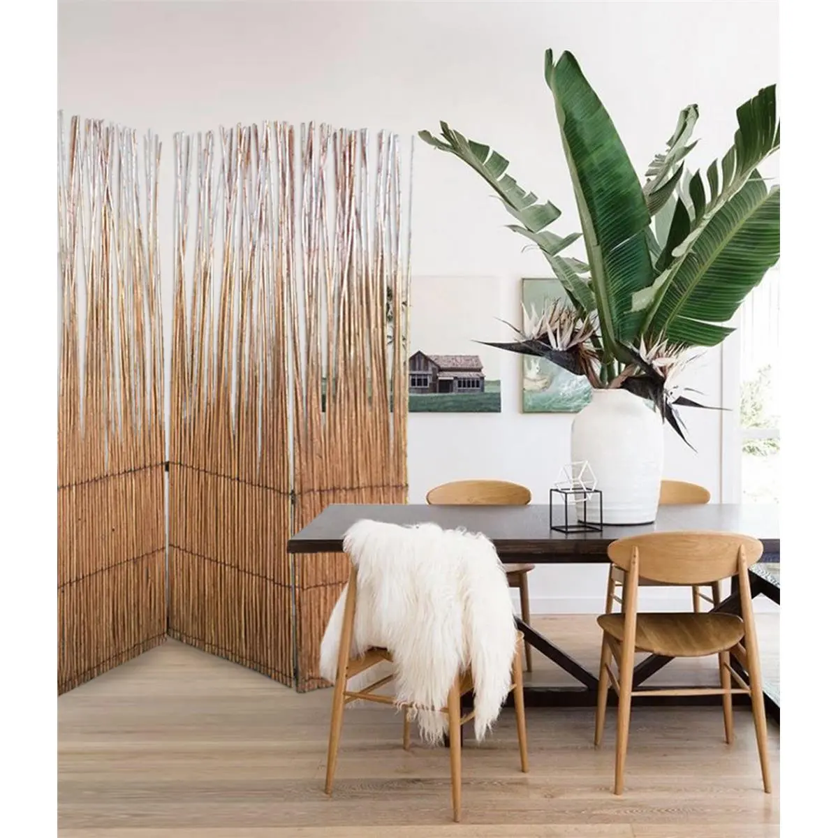 212 MAIN Brown Finish Folding Willow Wood Juniper Room Divider - Wood Partition for Living Room, Interior Natural Look