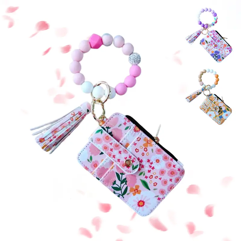 Beaded Bracelet Key Ring for Ladies Slim Zip Credit Card Wallet with Tassel Portable Wristlet Purse Convenient for Outdoor Daily Carry