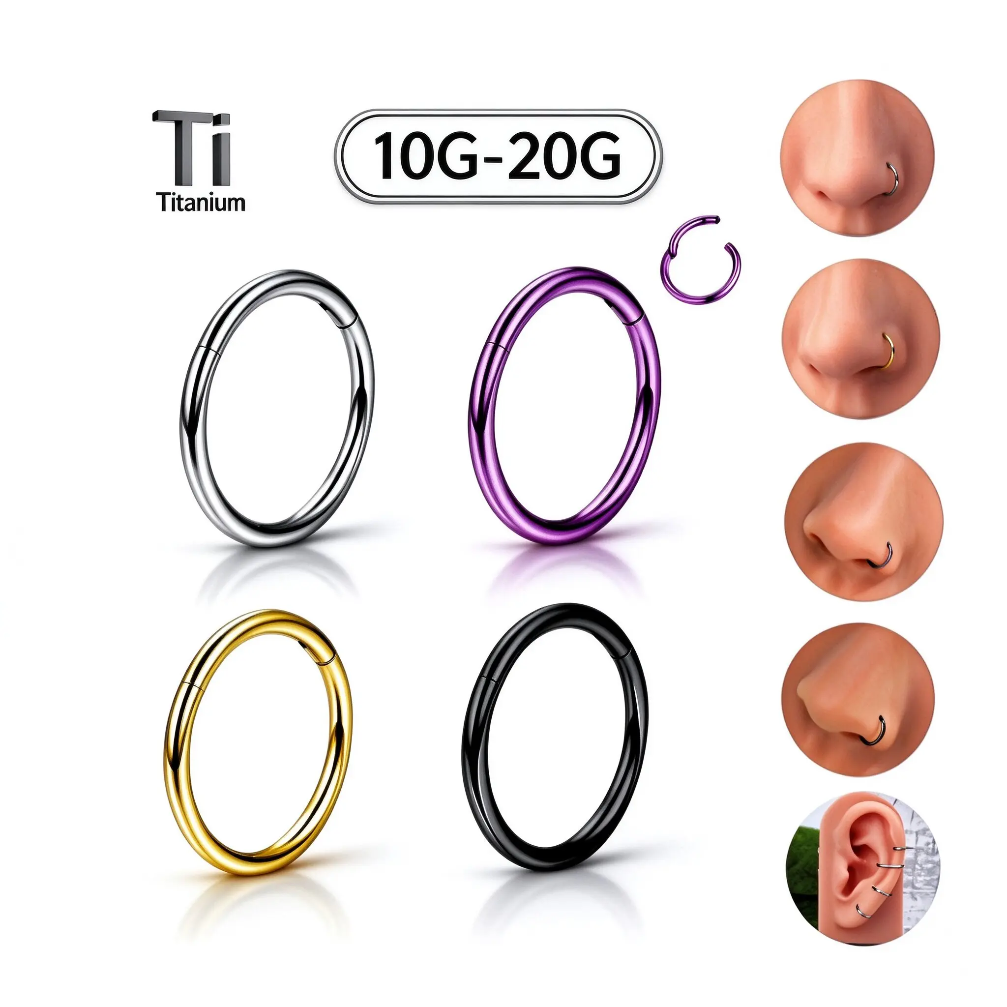 OUFER 20G-10G Titanium Hinged Segment Hoop Piercing Ring - 20G-10G Unisex High-Polish Durable Versatile - Helix Pierced Ring, Septum Jewelry, Nose Piercing Accessory for Daily Casual Wear