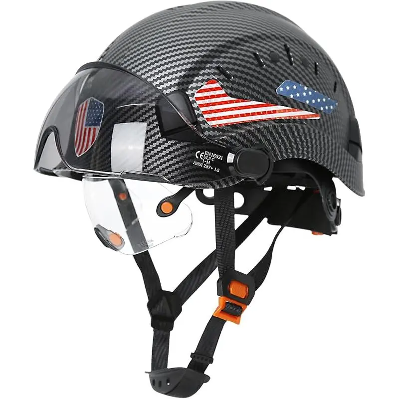 Carbon Fiber Vented Hard Hat for Men - New Design with Integrated Dual Visor, 6-Point Ratcheting Suspension & Adjustable Airflow for Construction Work, New Hard Hat Design, Adults, Safety Gear, Arborist Work, Reflective Stickers, Dust Defense
