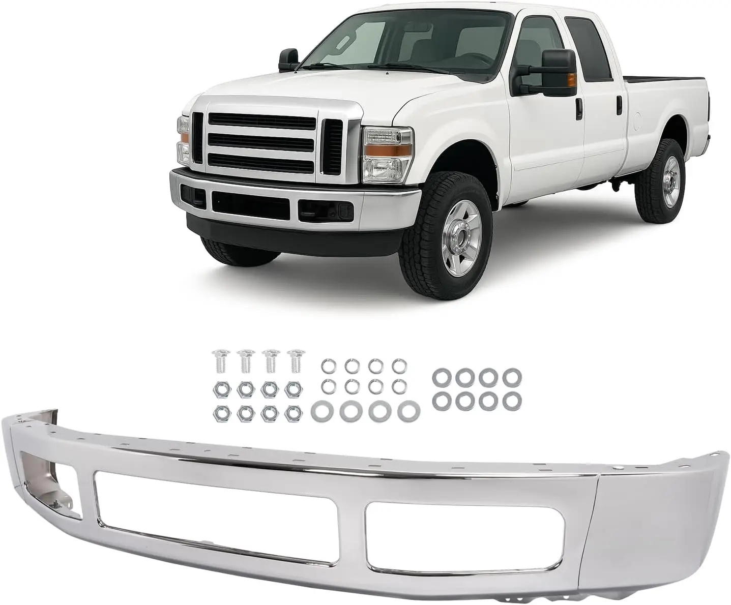 Front Bumper Face Bar Compatible with 2008-2010 Ford F-250 350 Super Duty Cabela's FX4 Replacement for FO1002406 8C3Z17757B Steel Chrome Silvery 3 PCS