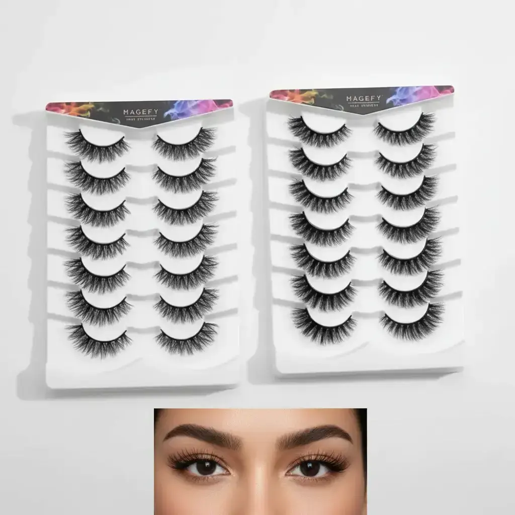 MAGEFY False Eyelashes 2-Pack Bundle, False Eyelashes Set, 14 Pairs Black Wispy Cat Eye Faux Cluster Lashes with Natural Curling Microfiber Fibers for Youth, Cosmetic False Lashes
