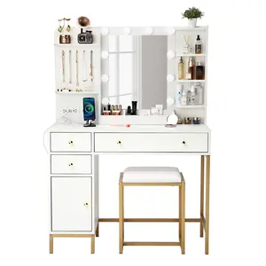 Vanity Makeup Table Desk with 3 Lighting Modes Mirror with Stool & Charging Station – Dressing Table with Drawers & Storage Shelves – Vanity Table Set for Bedroom, Dressing Room