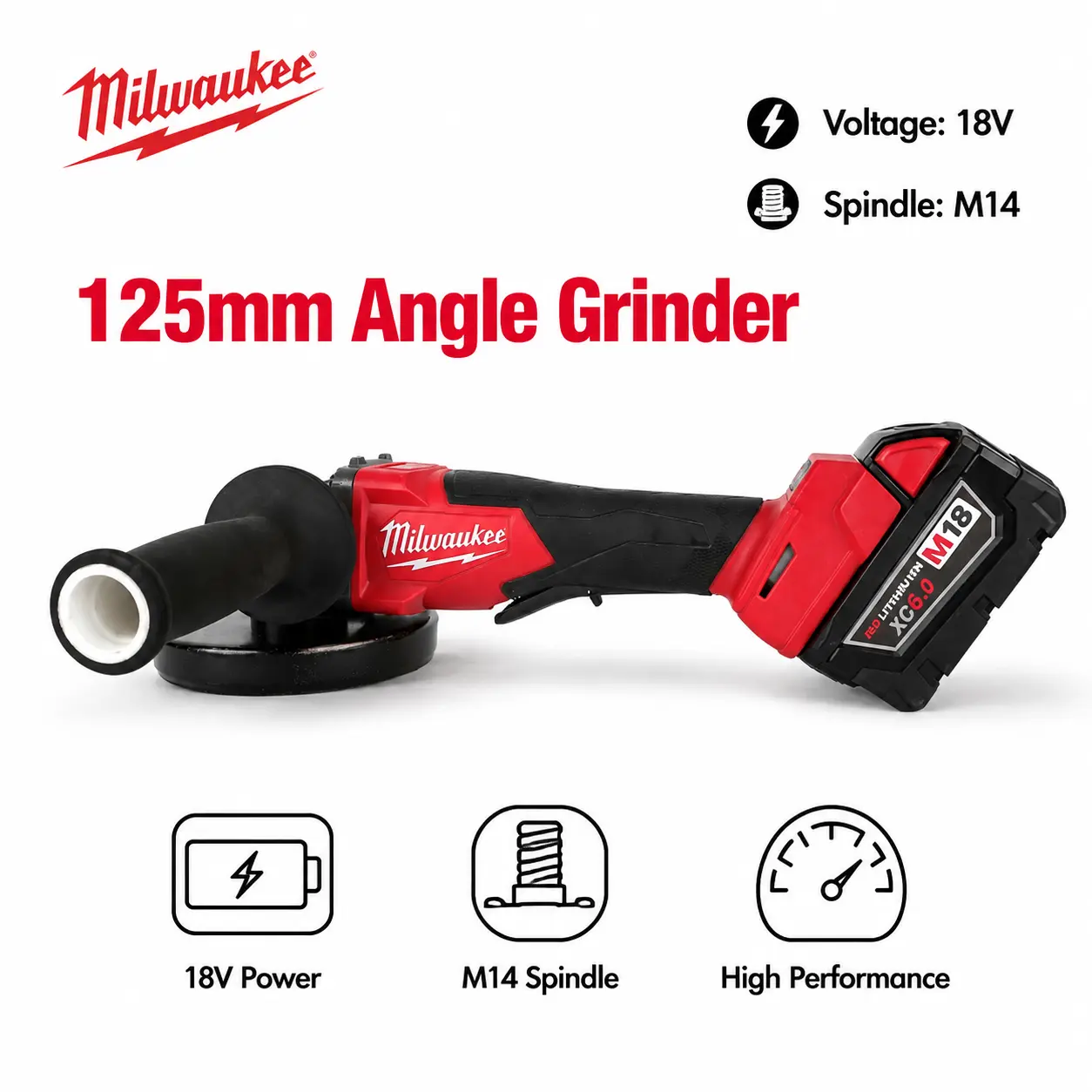 Milwaukee 125mm Cordless Angle Grinder 18V M14 Thread Grinding Cutting Tool For Automotive Repair Metalworking Construction Installation And Workshop Projects With High Speed Rotation Paddle Switch And Compact Portable Design use power tool