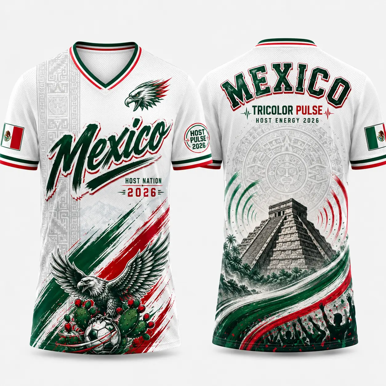 Mexican-Inspired White Tricolor V-Neck Graphic Shirt, Eagle Cactus Pyramid Print Short Sleeve Sports Top, Casual Shirt for Men