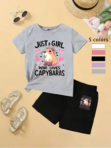 Girls' Capybara Print Tee & Shorts Set, Cute Cartoon Design, Soft Fabric, Summer, Fitted Style, Short Sleeve Clothing, Casual Outfit Set
