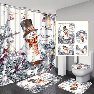 4pcs Christmas Snowman Curtain Shower Curtain Decoration, Beautiful Housewarming Gift Modern Home Decoration, Waterproof Shower Curtain And Toilet Floor Mat Three Piece Set with 12 Shower Curtain Hooks Hanging Halloween Ghost Pattern Bathroom Set