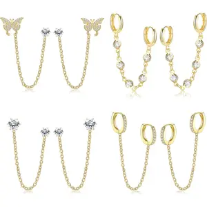 THUNARAZ Women's 4-Pair Earring Stack Set, Unisex Double Piercing Earrings with Butterfly Motif, Sparkled CZ, Metal Coating, Chain Accents, Gold Link Chain Dangles, Hoops & Cartilage Studs, Ideal for Daily Outings & Gifting