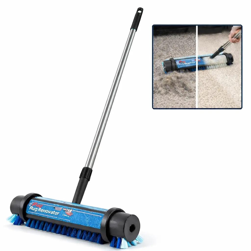 Manual Carpet Cleaning Brush with Long Handle - Eco-Friendly Safe Rug Renovator, Dual Nylon Bristle Design, Lightweight 1.6 lbs, 56"l x10.25"w x3"h for Deep Cleaning, Pet Hair/Lint Removal, Car Interiors, High Traffic Areas