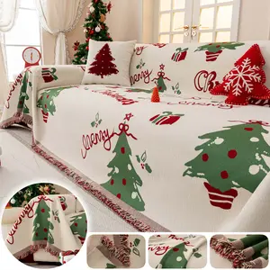 1 Pc Christmas Tree Sofa cover, Woven Couch Cover with Tassel Fringe, Pet-Friendly Washable Non-Slip Reversible Scratch-Resistant Soft Furniture Protector, fits 1–4 Seater Armchair/Sectional, Sofa Couch Covers, Sofa Protector Slipcover