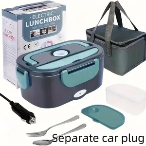 Portable Insulated Heating Student Lunch Box, 50.72oz Stainless Steel Container, Leak-Proof, Car Plug (12V/24v), Includes Spoon and Bag