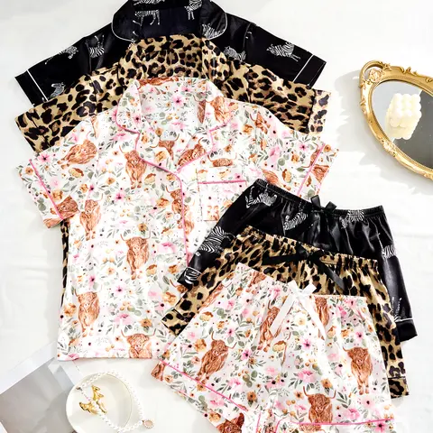 Women's 6-Piece Short-Sleeve Comfy Fits Matching Nightwear Loungewear Set - Elastic Waist Above-the-Knee Shorts, Bow Decoration, Floral/Leopard Fabric, Fitted Style, Valentine Occasions, Cosy Loungewear Sets,sohochic