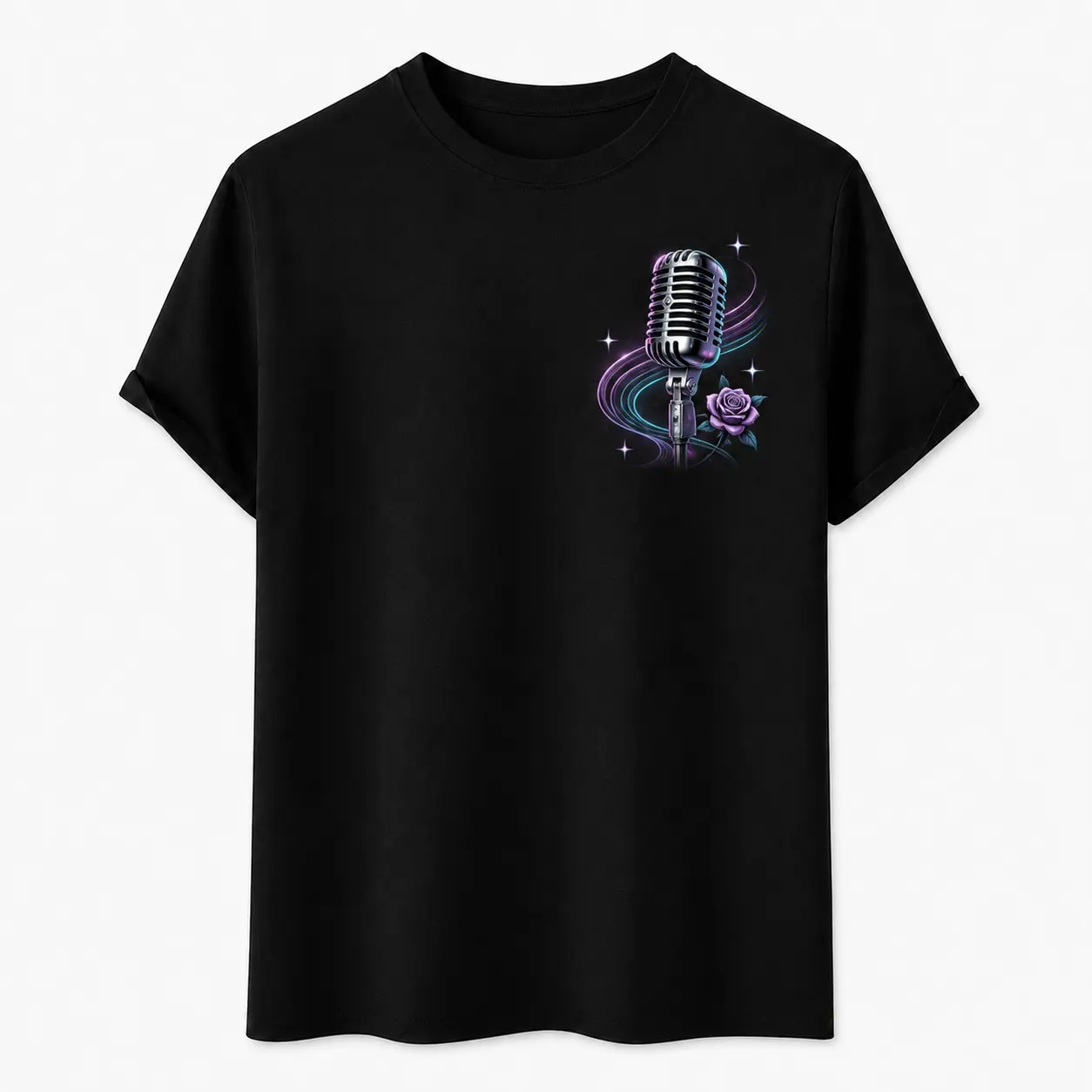 Neon Vintage Mic Purple Rose Glowing Star Singer Pocket Graphic Unisex T-Shirt