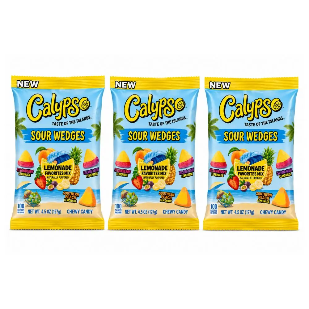 Calypso Sour Wedges Lemonade Mix 4.5oz (Pack of 3) - Chewy Candy - Island Punch Lemonade, Strawberry Lemonade & Southern Peach Lemonade